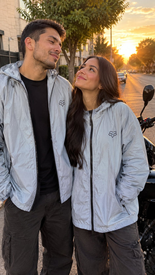 Pareja con chaquetas cortavientos unisex grises junto a su moto al atardecer