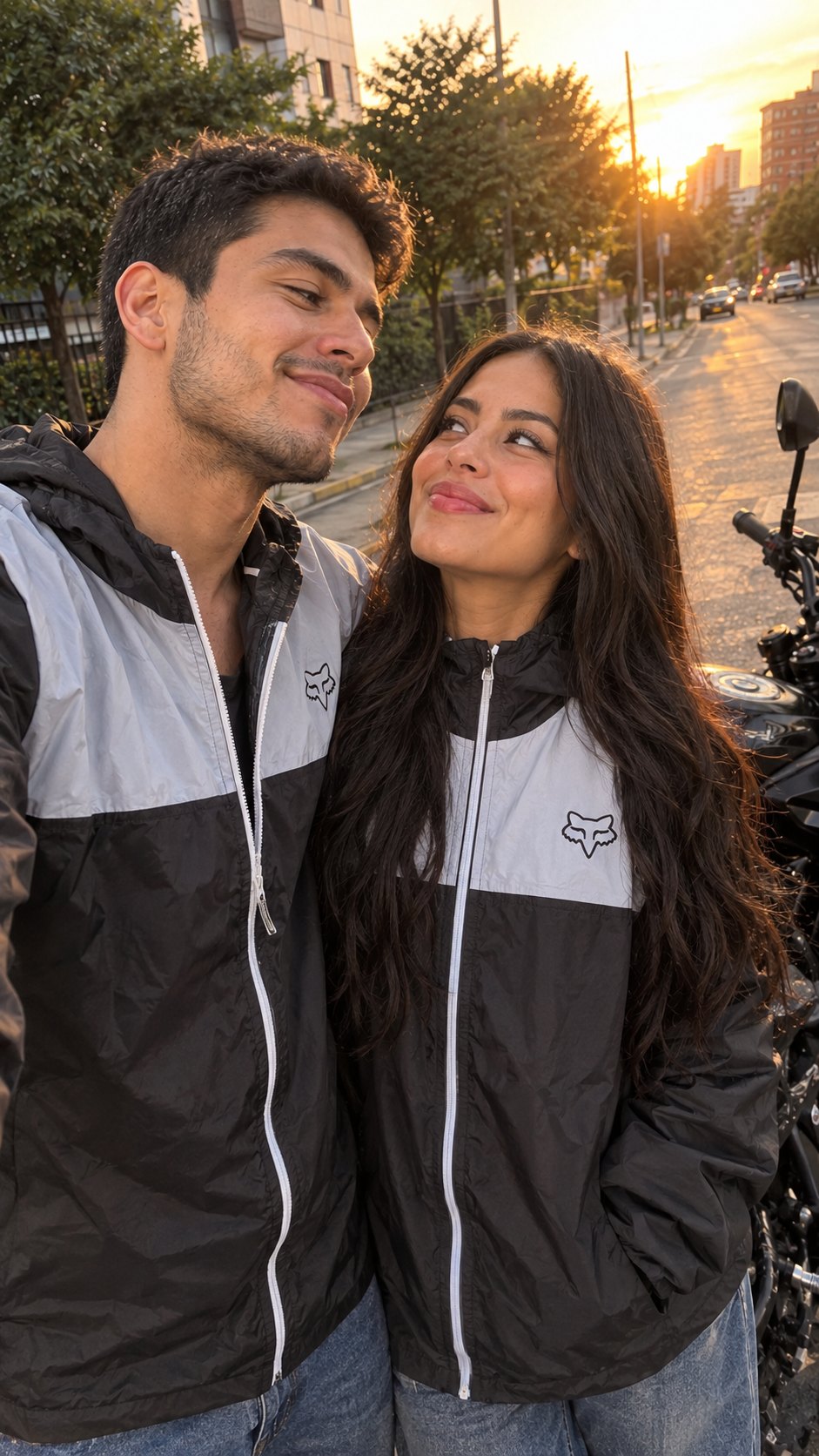 Pareja con chaquetas cortavientos unisex negras junto a su moto al atardecer